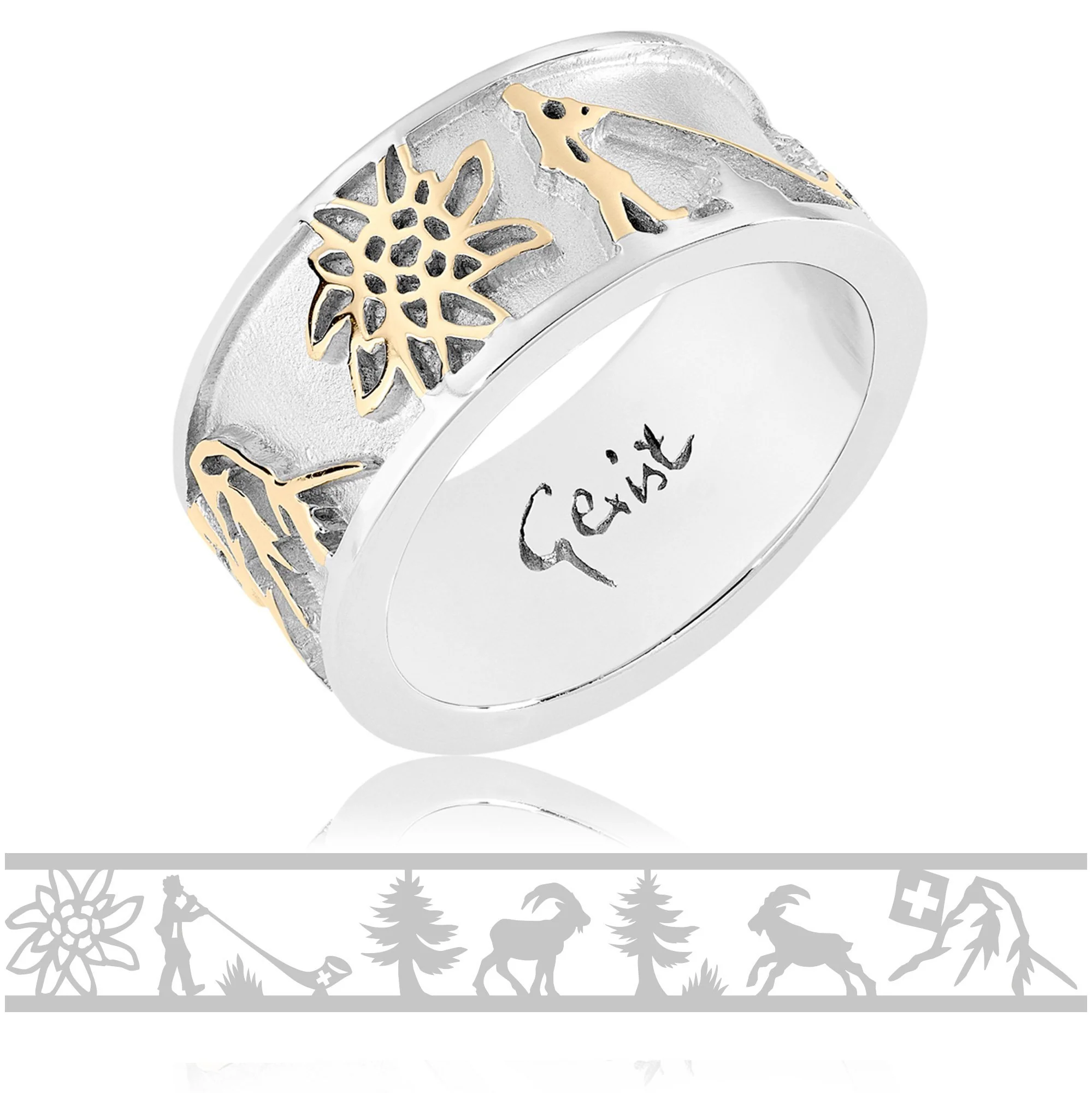 Bague Cervin, Chamoix, Bouquetin, Edelweiss et Cor des Alpes