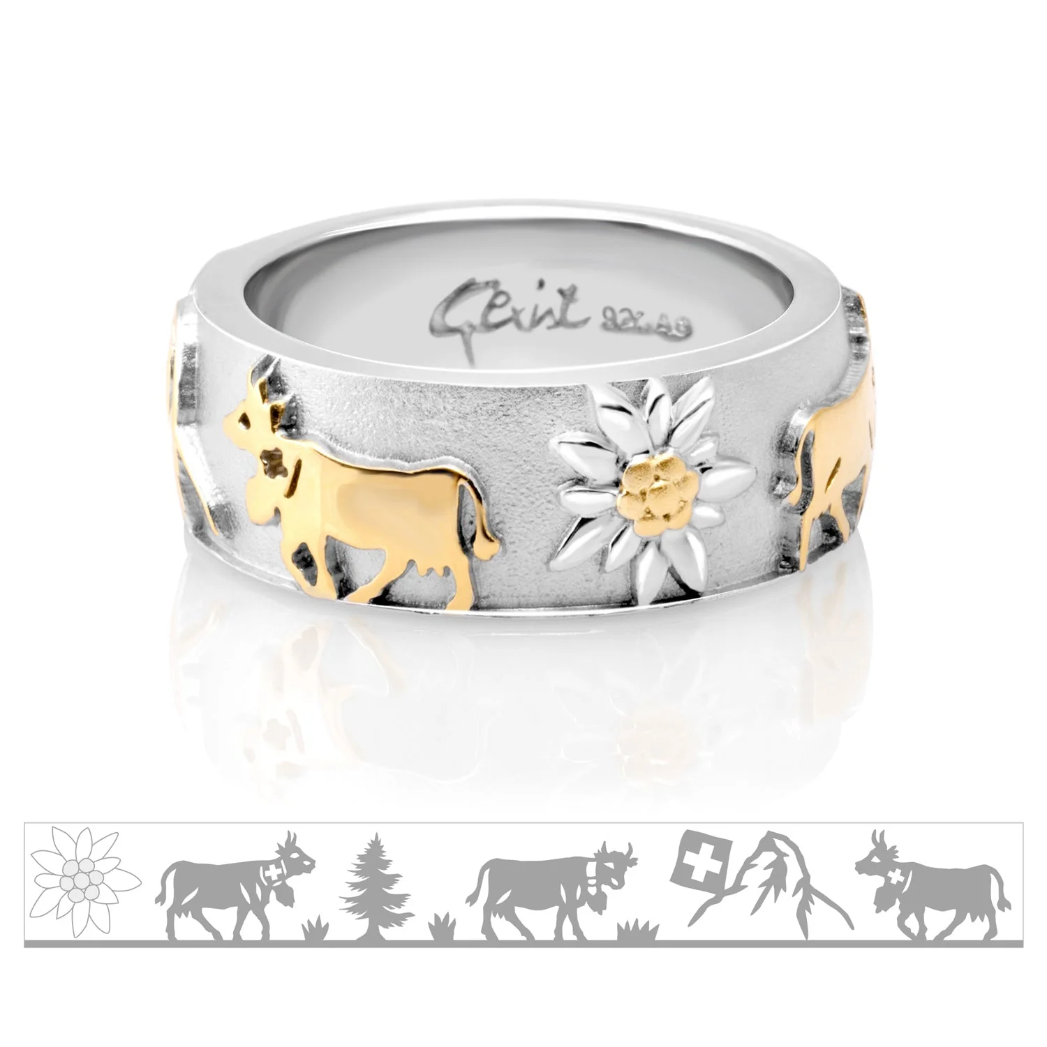 Bague Gexist en argent bicolore Cervin & vaches & Edelweiss