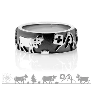 Bague Gexist Edelweiss Rhodium Noir & Sapin & Cervin & Vaches