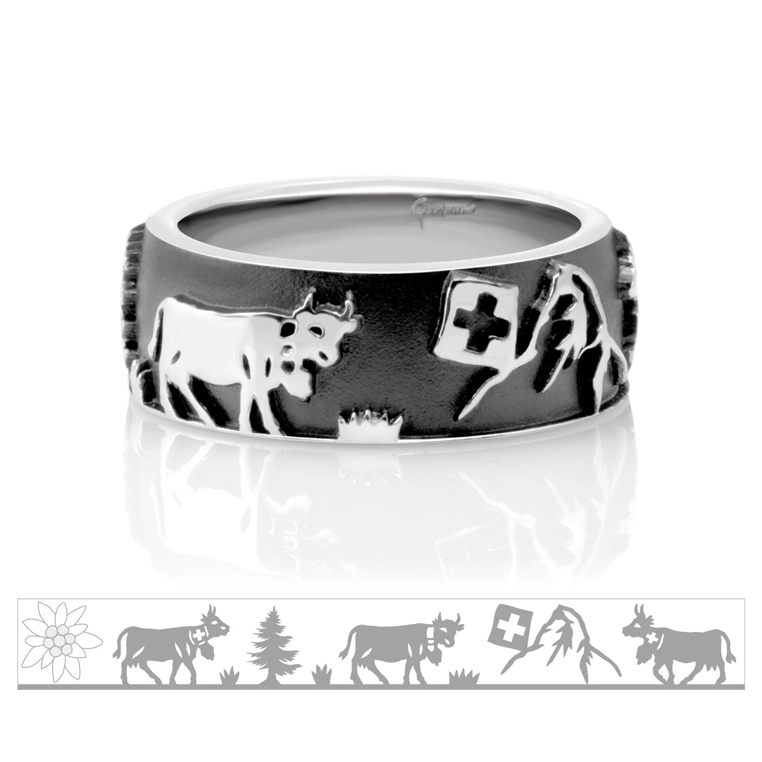 Bague Gexist Edelweiss Rhodium Noir & Sapin & Cervin & Vaches